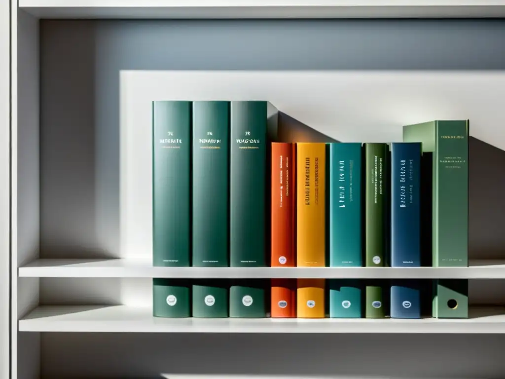 Una elegante estantería moderna con libros organizados, proyectando sombras suaves