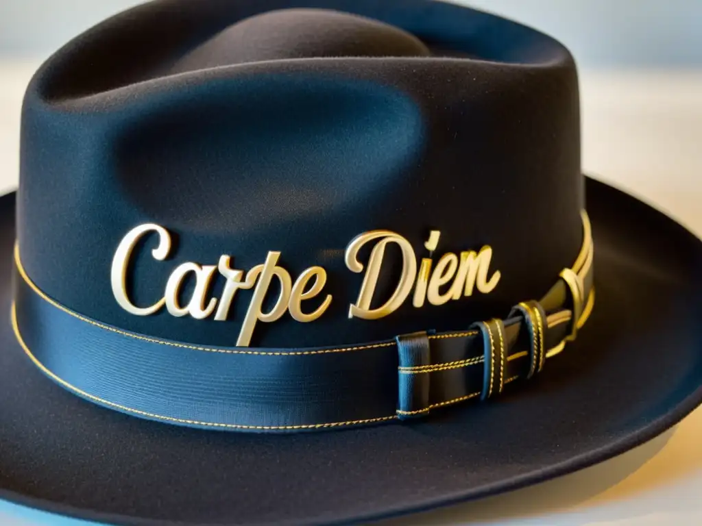 Una elegante fedora negra con la frase 'Carpe Diem' en oro, evocando frases motivadoras para proteger la mente