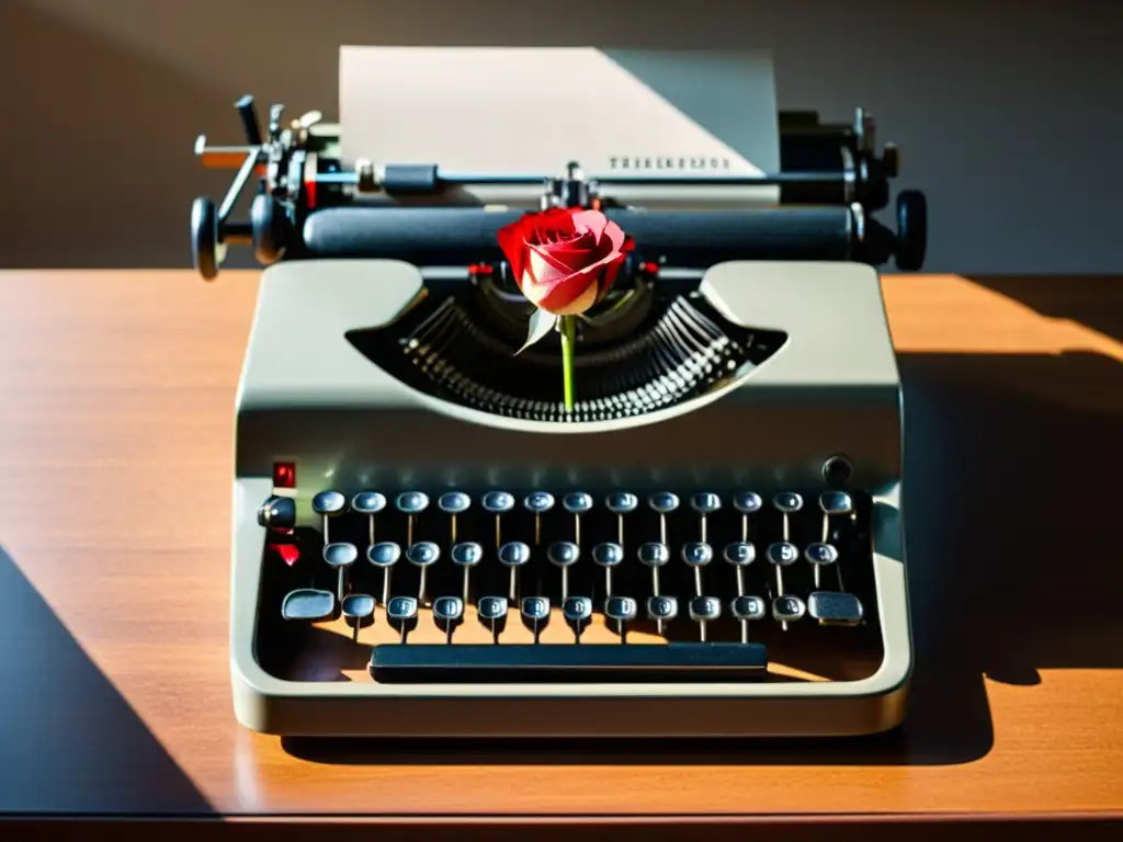 Una elegante imagen de una antigua máquina de escribir en un escritorio moderno, con una sola rosa roja descansando sobre las teclas