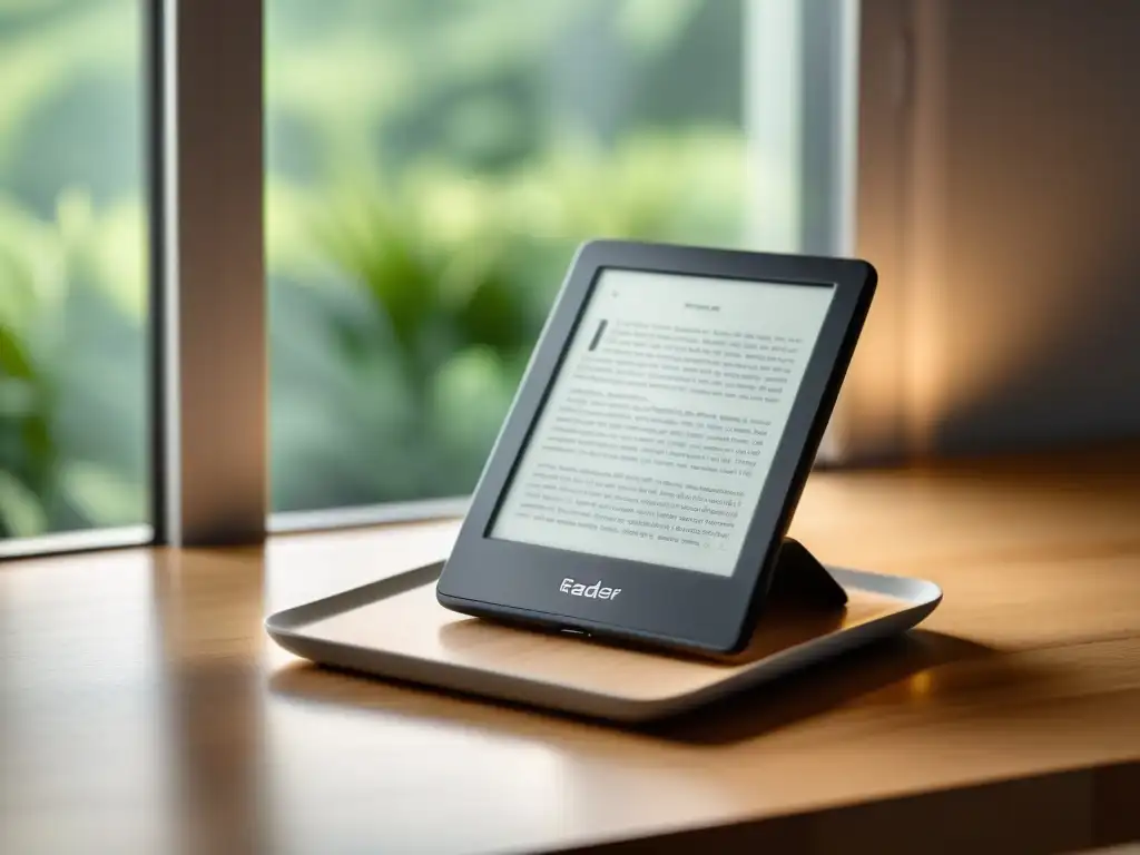 Un elegante lector de libros electrónicos descansa sobre una mesa de madera, iluminado por la suave luz natural