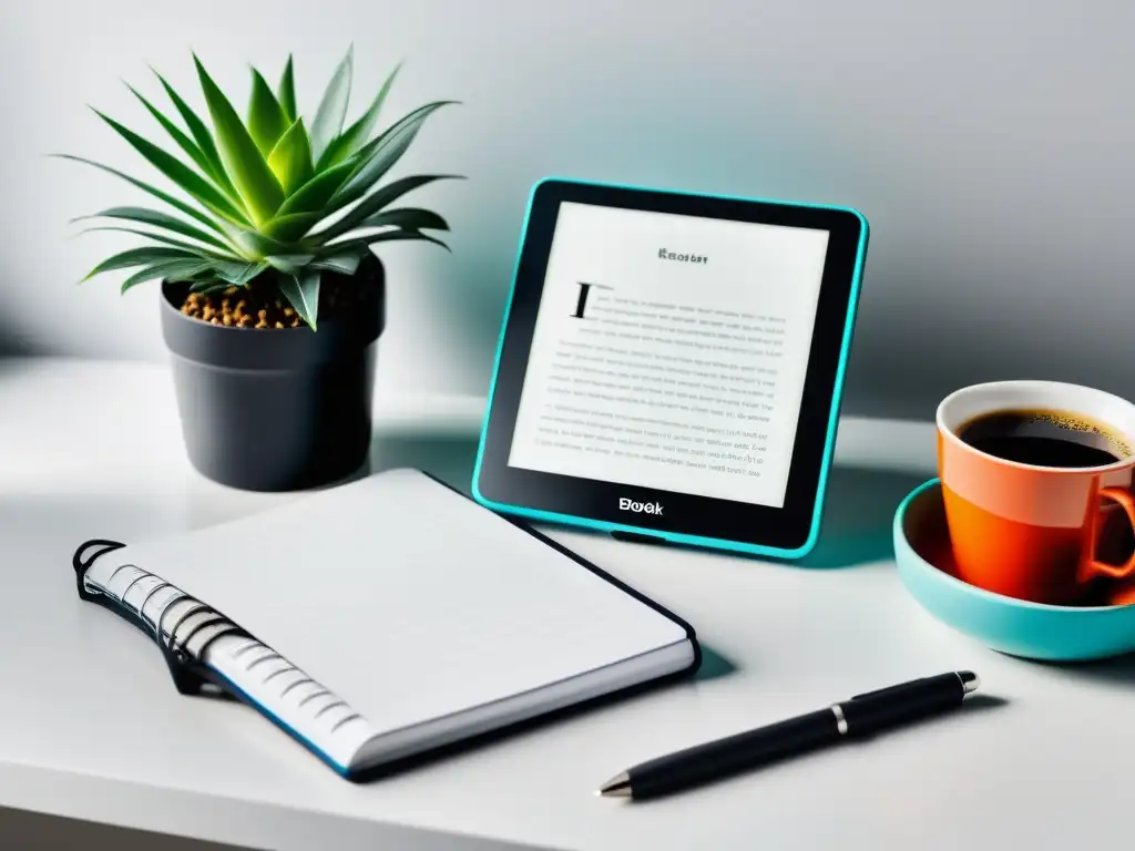 Un elegante lector de libros electrónicos en un escritorio blanco, con una portada llamativa