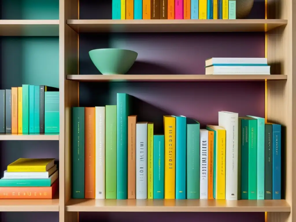 Un elegante librero con libros coloridos y atractivos, creando un ambiente acogedor