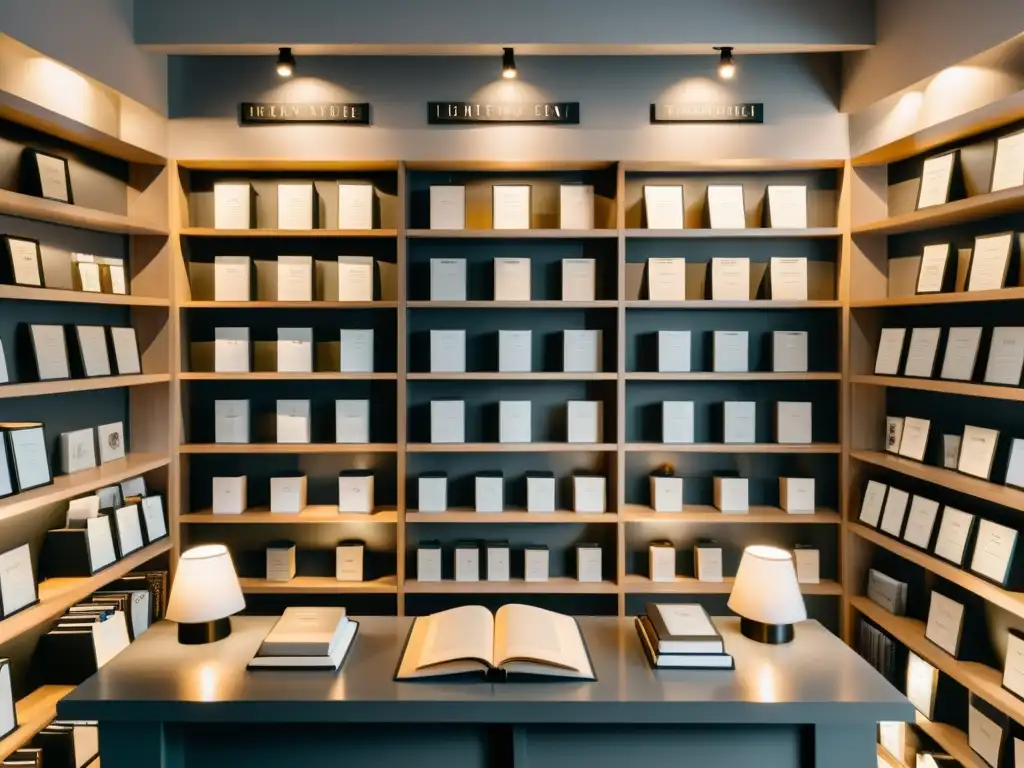 Una elegante decoración temática literaria para merchandising, con velas, impresiones y cuadernos de cuero, en estanterías modernas