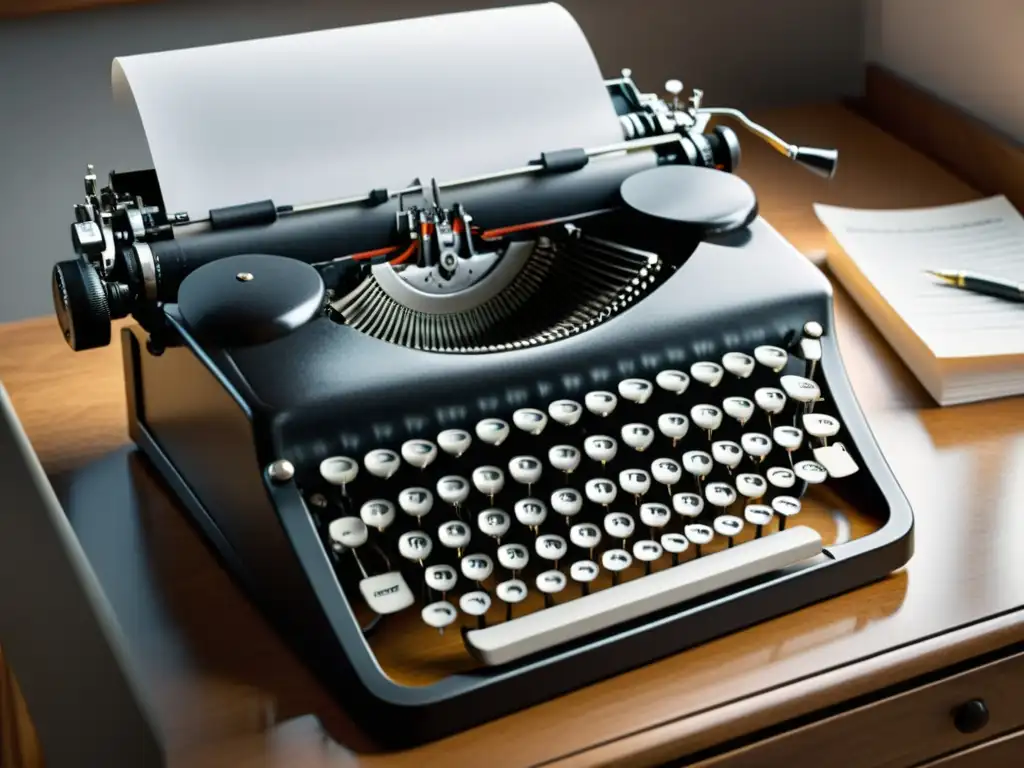 Una elegante máquina de escribir en blanco y negro sobre un escritorio limpio, con una hoja en blanco insertada