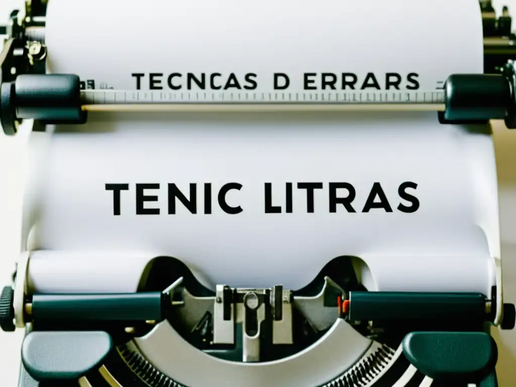 Una elegante máquina de escribir vintage sobre un escritorio blanco, con 'Técnicas literarias para blogs de escritores' escritas en la hoja