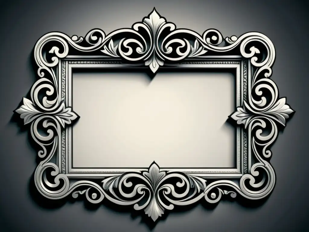 Un elegante marco ornamental barroco en blanco y negro, rebosante de opulencia y detalle