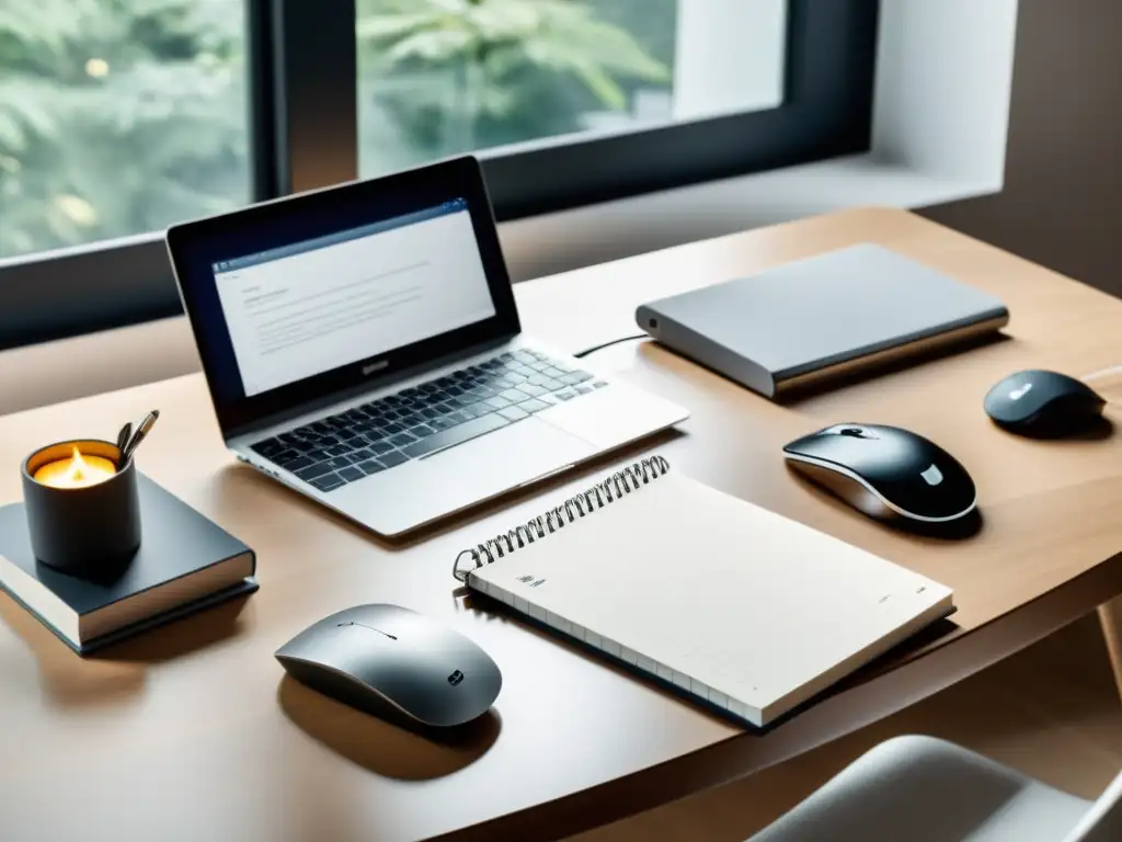 Un elegante y minimalista escritorio con un portátil de alta gama, teclado inalámbrico y un ratón ergonómico