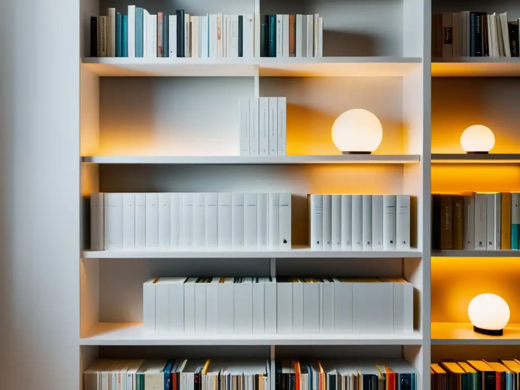 Un elegante y minimalista estante blanco con libros fotográficos bellamente encuadernados, iluminados suavemente