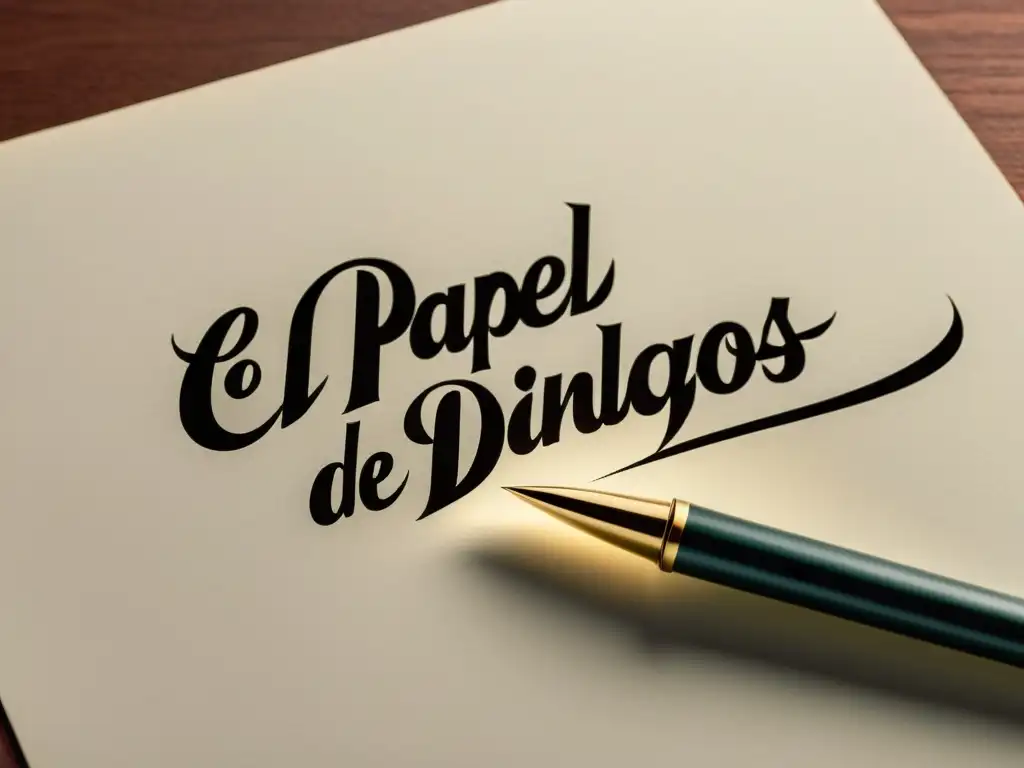 Una elegante ilustración minimalista de una pluma sobre una hoja en blanco con el título 'El papel de los diálogos en las primeras líneas de un texto' escrito en caligrafía