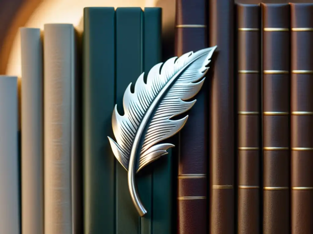 Un elegante pin plateado con diseño de pluma, iluminado por la luz, sobre un fondo de estantería de libros borrosa