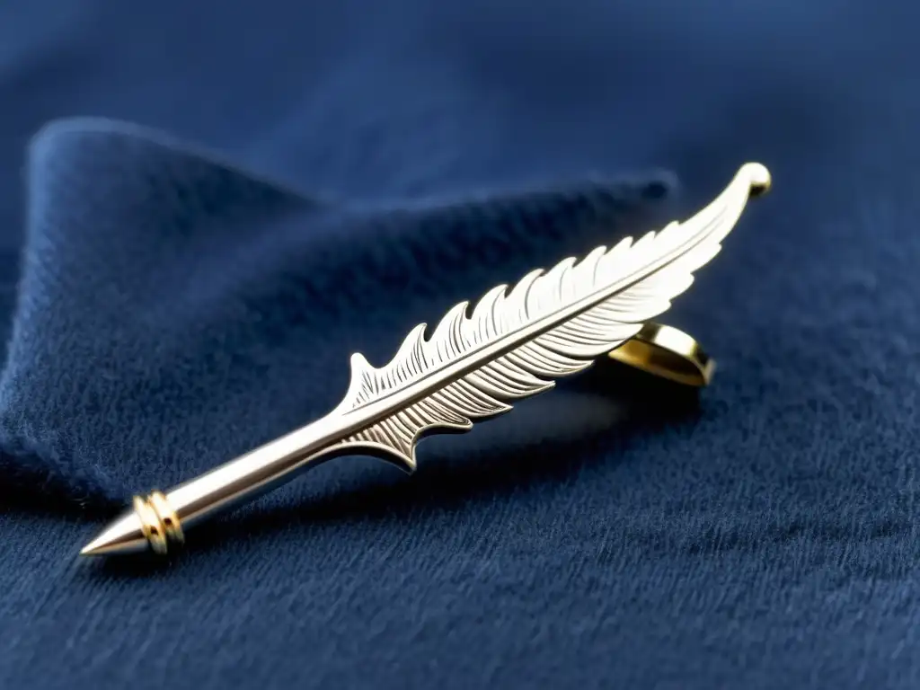 Un elegante pin plateado en forma de pluma sobre terciopelo azul marino