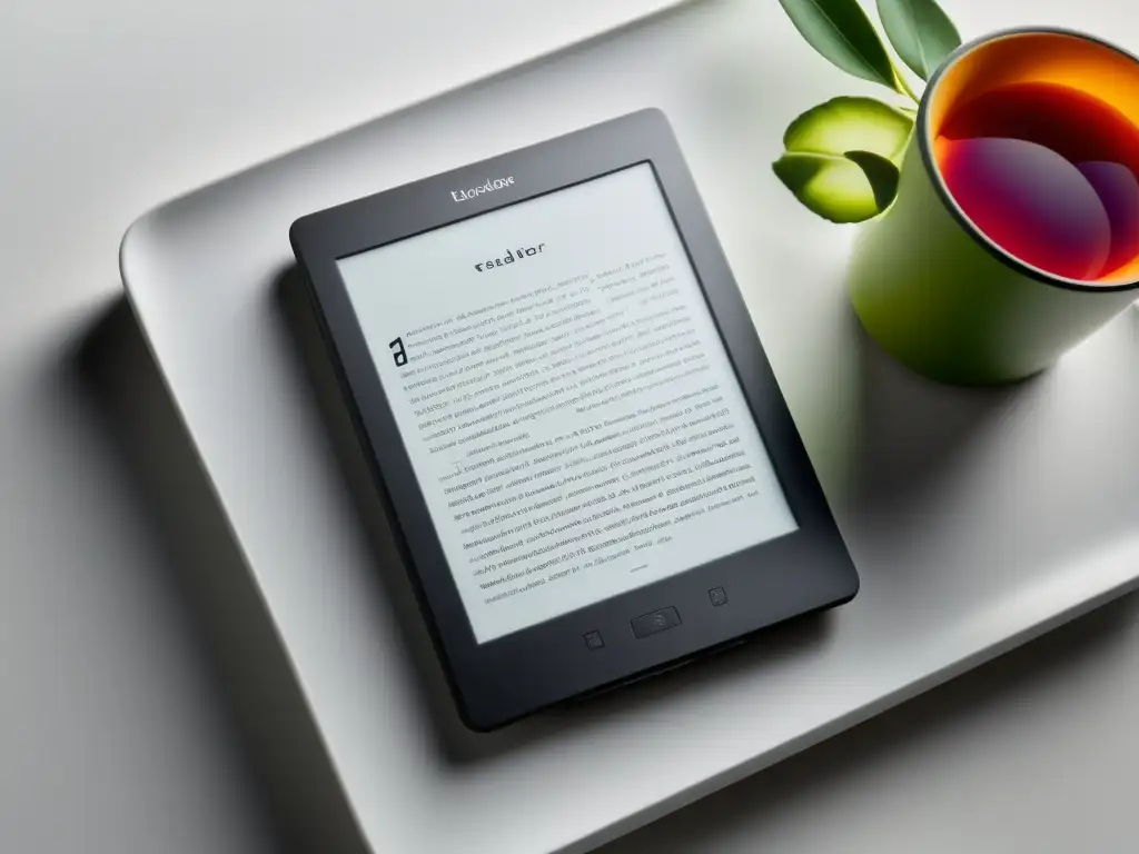 Un elegante ereader muestra la portada de un ebook vibrante, en una escena moderna que refleja las tendencias ebooks industria editorial