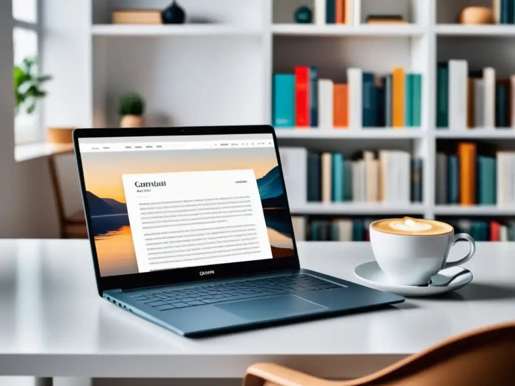 Un elegante portátil abierto en un escritorio blanco, con una taza de café al lado