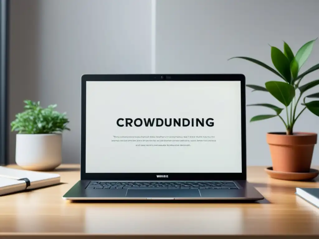 Un elegante portátil muestra una campaña de crowdfunding editorial para escritores en una atmósfera serena y enfocada