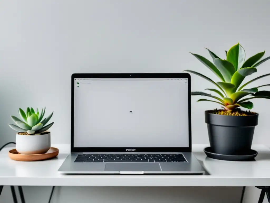 Un elegante portátil en un escritorio blanco, con un ambiente minimalista y una planta suculenta