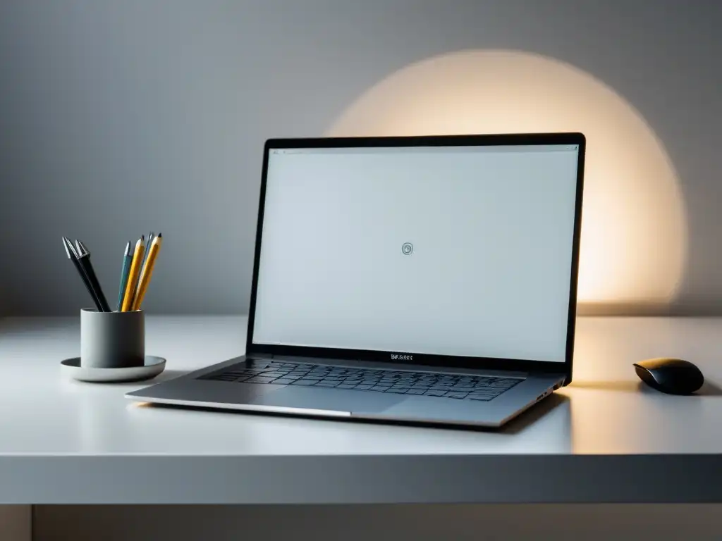 Un elegante portátil en un escritorio blanco, con un ambiente profesional y creativo