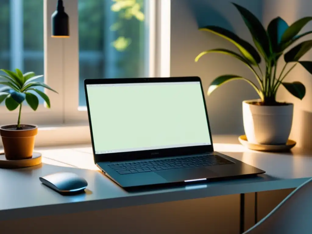 Un elegante portátil en un escritorio minimalista iluminado por luz natural