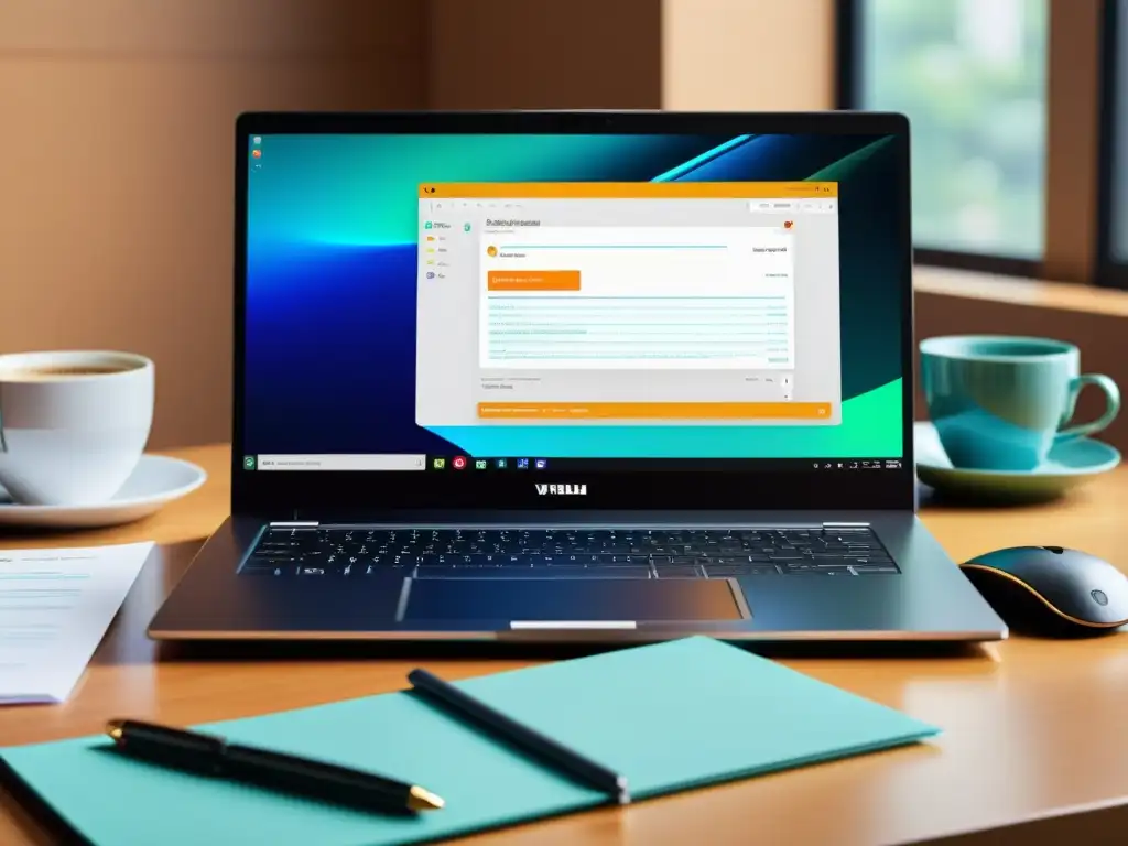 Un elegante portátil sobre un escritorio organizado con software de revisión gramatical para escritores, café caliente y luz natural