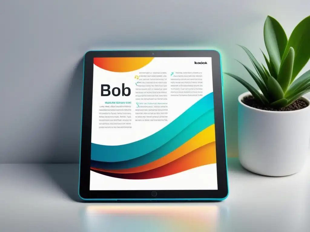 Una elegante tablet digital muestra una portada de ebook sobre un escritorio blanco