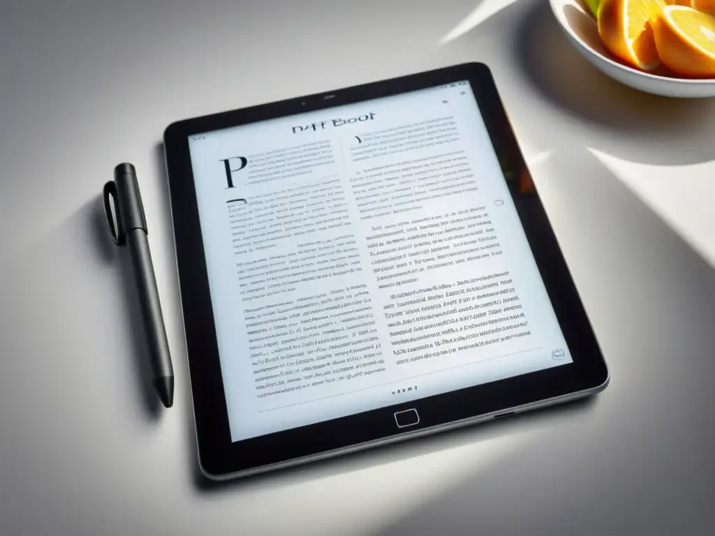 Un elegante tablet muestra un ebook con diseño profesional y tipografía atractiva