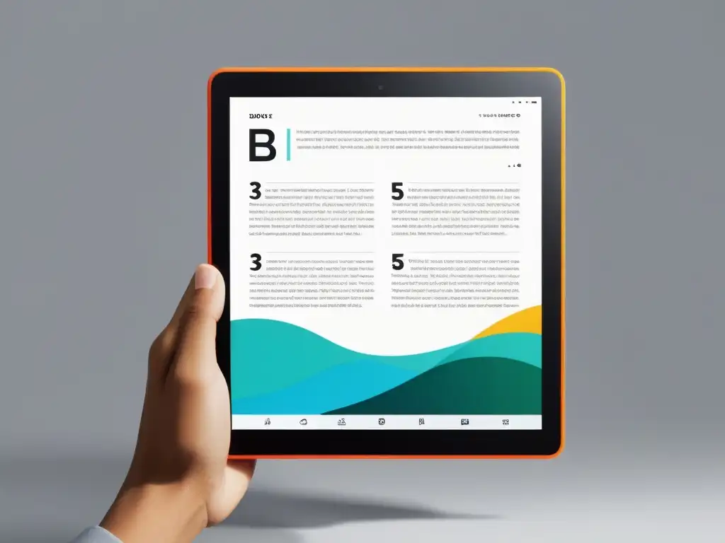 Una elegante tablet muestra una narrativa digital interactiva para escritores, con elementos visuales y animaciones cautivadores