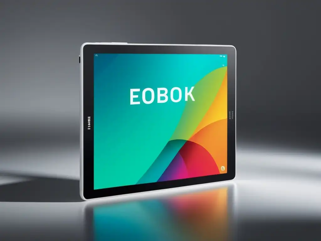 Una elegante tablet muestra la portada vibrante de un ebook, con la palabra clave 'Autopublicación gratuita de ebooks Booktango'