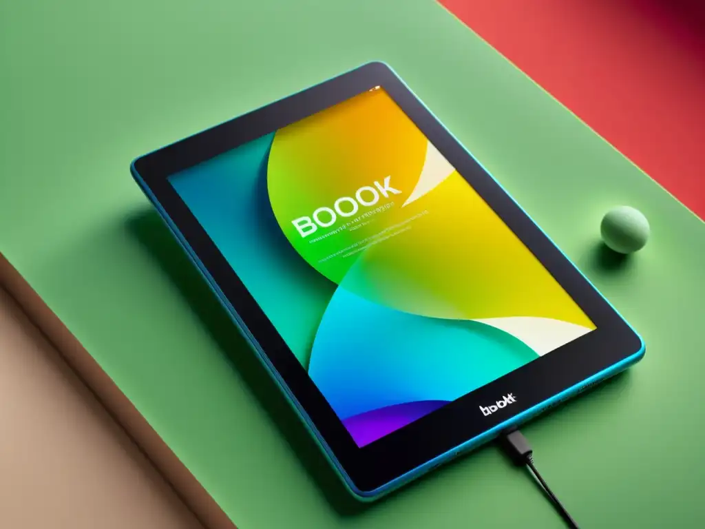Un elegante tablet muestra la portada vibrante de un ebook, creando una experiencia de lectura envolvente