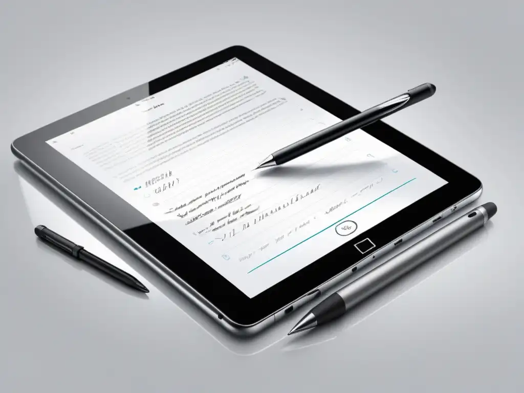 Una elegante tableta digital con lápiz sobre fondo blanco, mostrando una interfaz de app para tomar notas