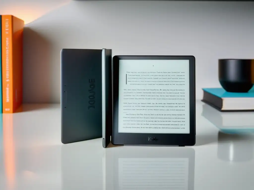 Dos elegantes eReaders, Kindle Oasis y Kobo Forma, en un moderno escritorio blanco