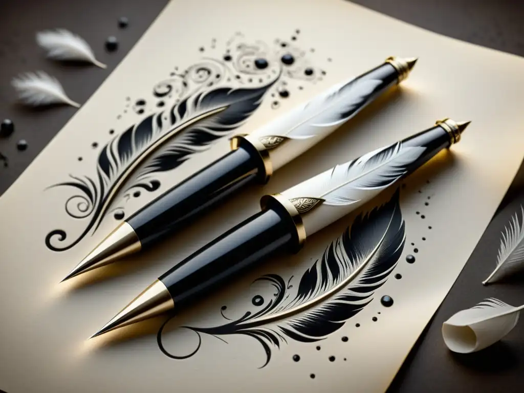 Dos elegantes plumas entrelazadas sobre pergamino, rodeadas de adornos, evocando el encanto de 'Novela epistolar Las amistades peligrosas'