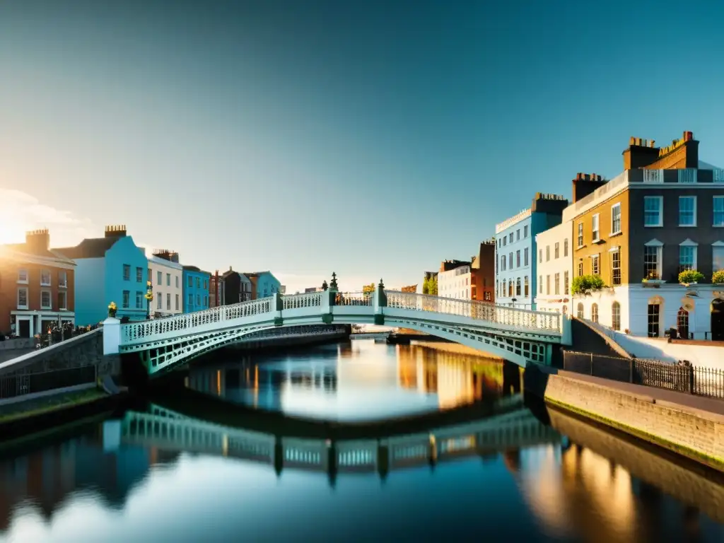 El emblemático puente Ha'penny en Dublín bañado por suave luz solar, reflejando el río Liffey