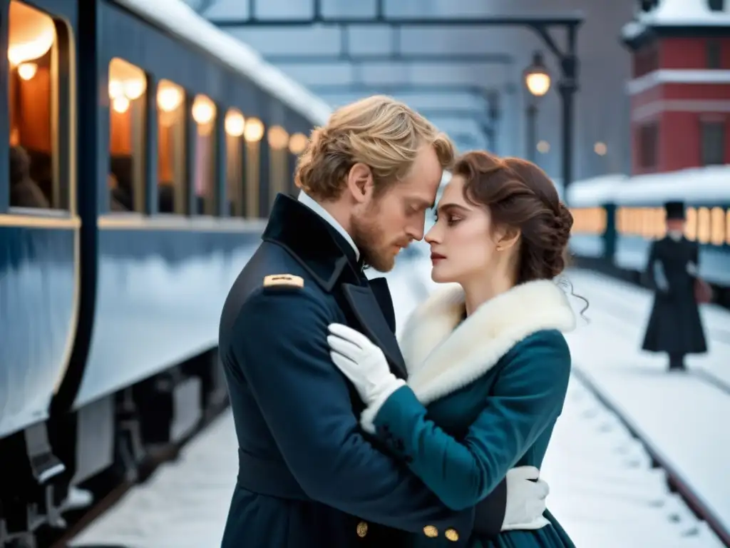 Representación amor y pasión Anna Karenina: Embrujados en el invierno, Anna y Vronsky se abrazan con intensa pasión en una estación de tren nevada