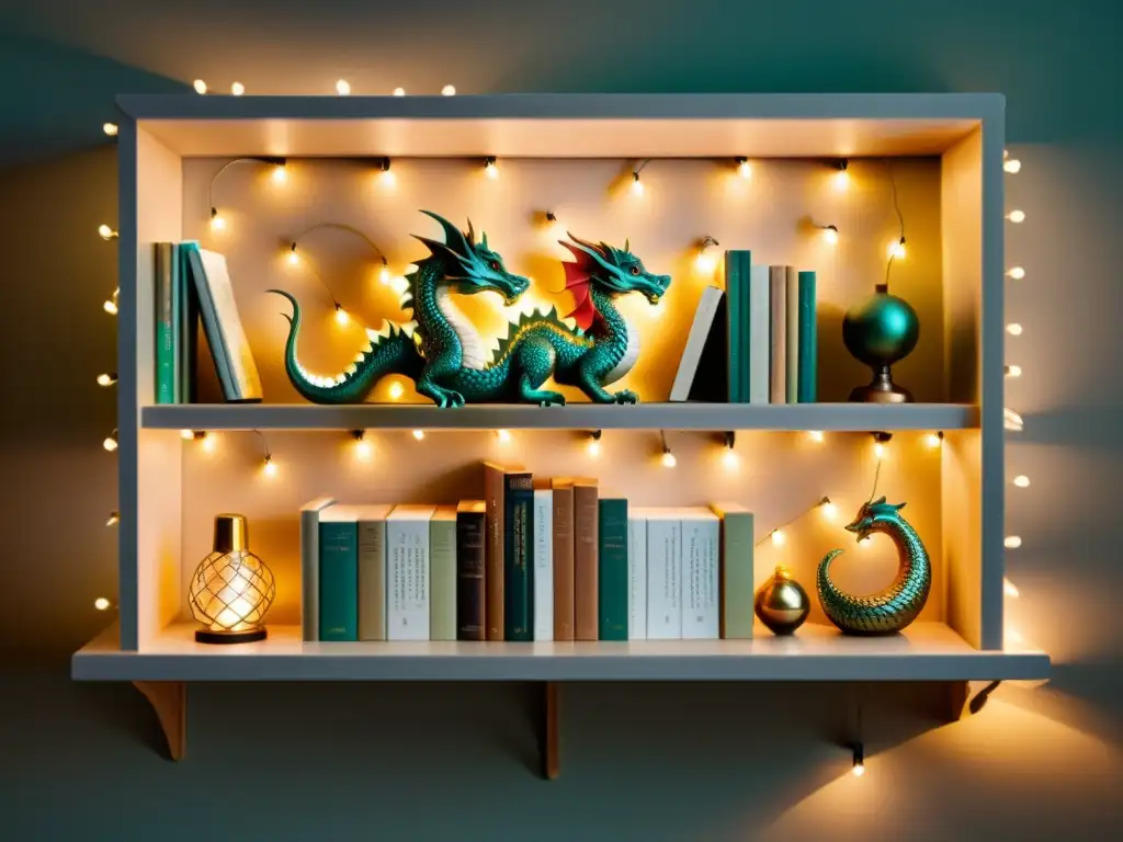 Un encantador estante de libros con luces de hadas y pequeñas figuras de dragones