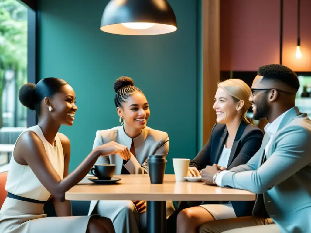 Un encuentro animado en un café moderno, donde la diversidad y la camaradería se entrelazan en una atmósfera de intercambio intelectual y social