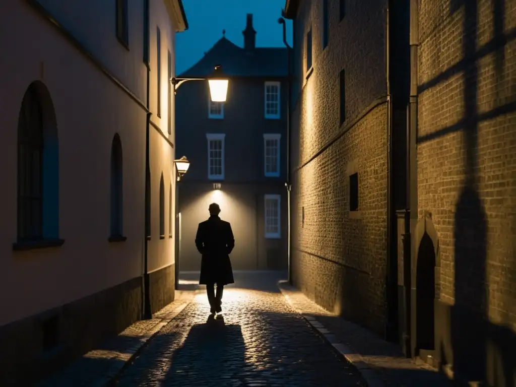 Enigmática figura bajo la luz de la calle en un callejón sombrío