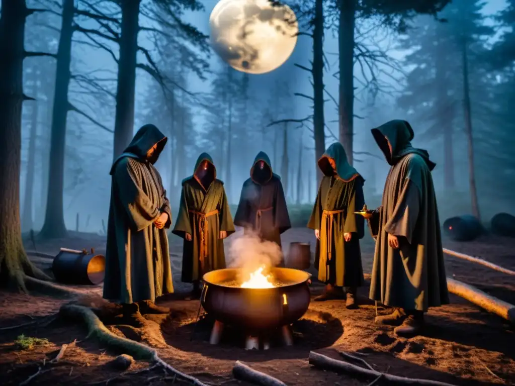 Tres enigmáticas figuras rodean un caldero en un bosque misterioso iluminado por la luna llena, evocando un aura de brujería sobrenatural al estilo de Macbeth