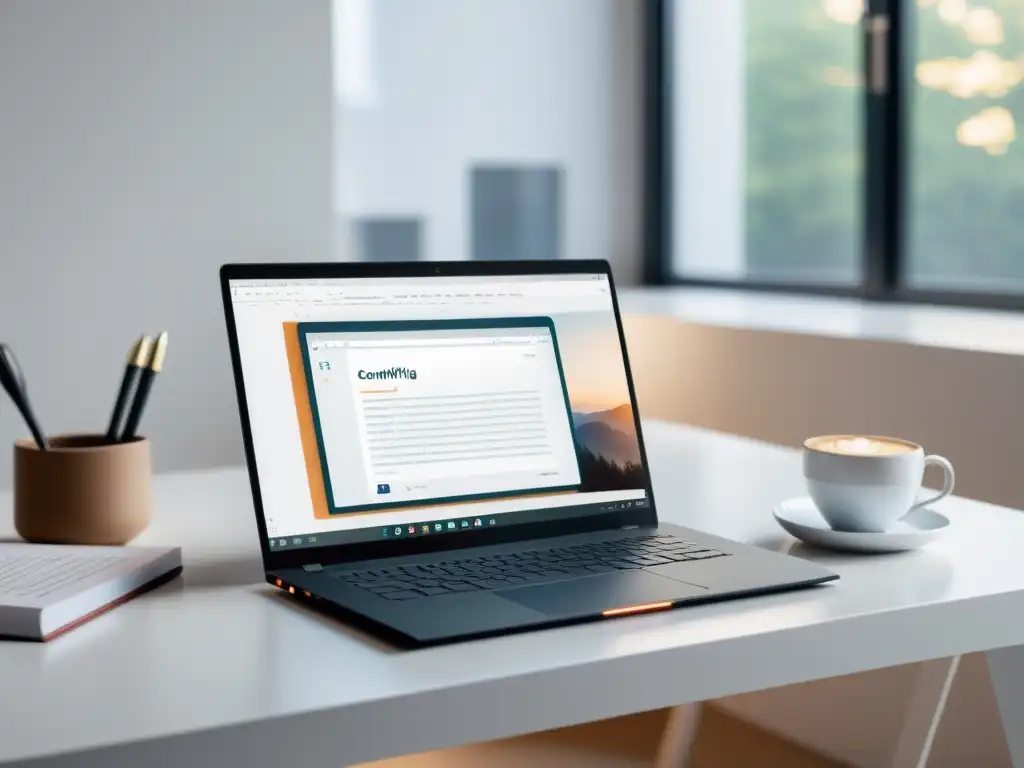 Un entorno minimalista con un elegante portátil en un escritorio blanco y limpio, junto a una taza de café