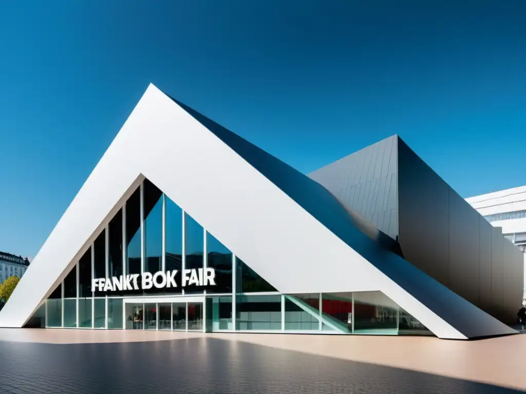 Entrada icónica de la Feria del Libro de Frankfurt, con arquitectura moderna en 8k ultradetallado, líneas dinámicas y elegancia contemporánea