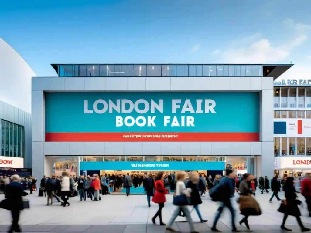 Entrada minimalista de la London Book Fair, con arquitectura moderna y un gran letrero con el nombre del evento