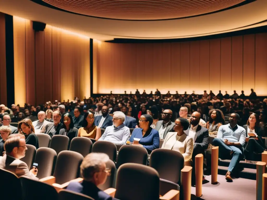 Entusiastas de la literatura en auditorio moderno escuchan a autores hablar sobre innovación narrativa en Festival Eñe éxito