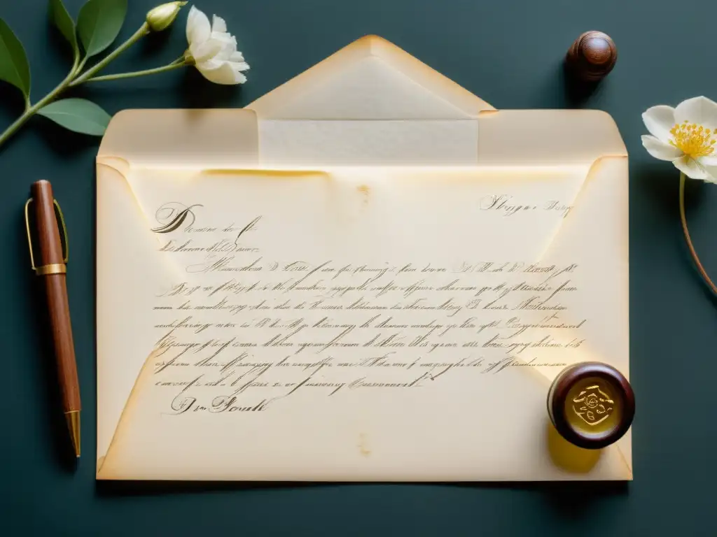 La epístola en Las Relaciones Peligrosas: carta vintage con caligrafía elegante y sello de cera floral, sobre un escritorio moderno