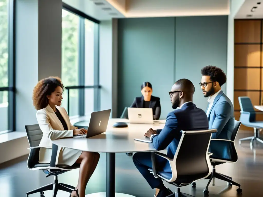 Un equipo diverso trabajando en colaboración con software para escribir, en una sala moderna y profesional