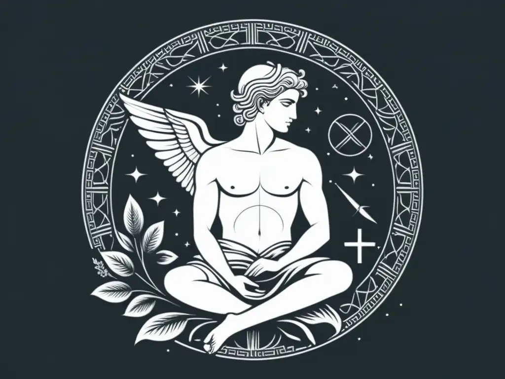 Eros, dios del amor, en ilustración detallada en blanco y negro, rodeado de símbolos de la poesía romana