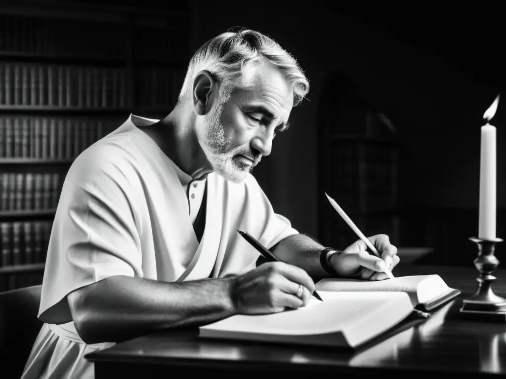 Un erudito romano escribe con pluma en un entorno lleno de libros y pergaminos, reflejando la fusión de prosa y verso en la sátira menipea