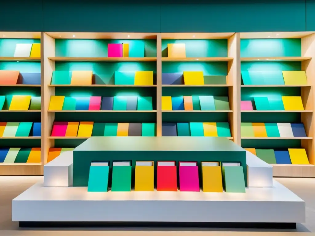 Un escaparate creativo resalta libros con llamativos colores y tipografía, creando un ambiente moderno y acogedor