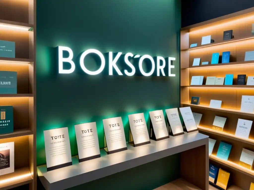 Un escaparate minimalista de una librería moderna con merchandising creativo para promocionar libros