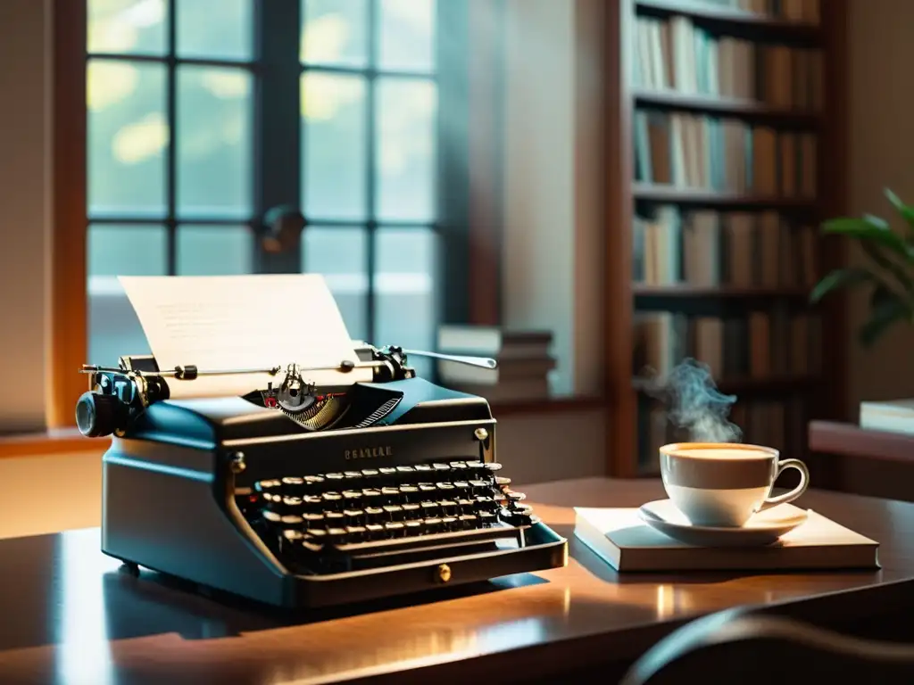 Una escena acogedora con una elegante máquina de escribir vintage, rodeada de libros y una taza de café humeante