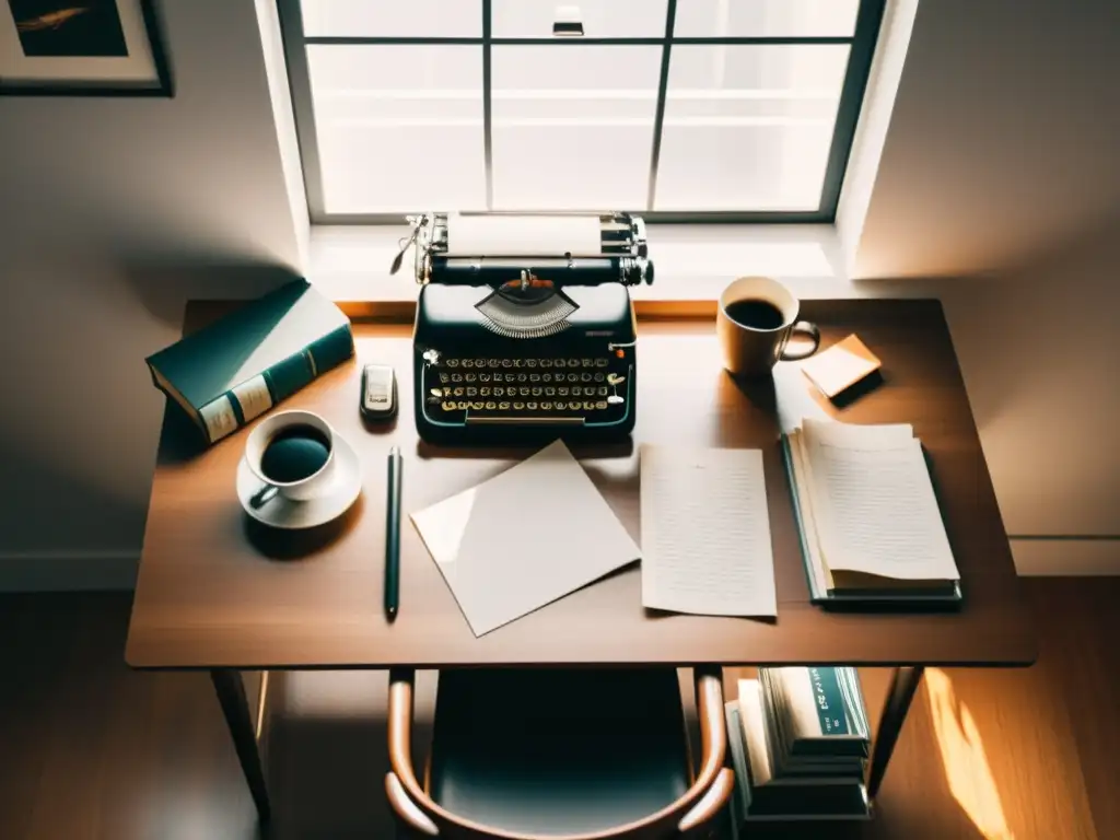 Escena acogedora de escritura con máquina de escribir vintage, café negro, gafas y papeles