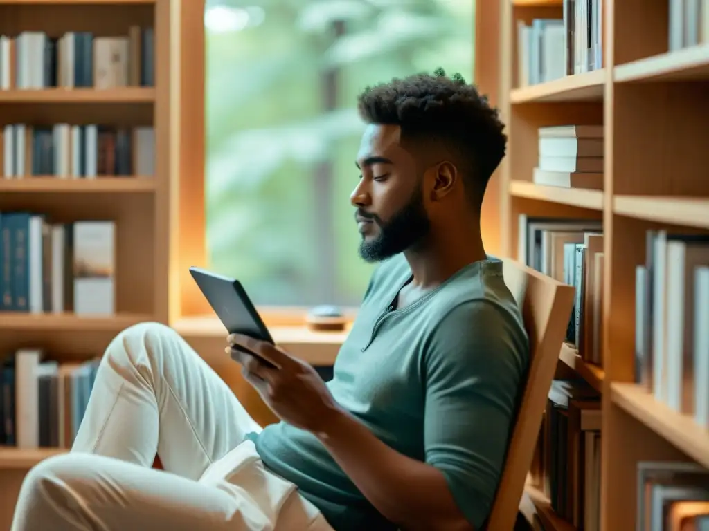 Una escena acogedora de lectura con una persona sosteniendo un lector electrónico, rodeada de libros y una serena luz natural