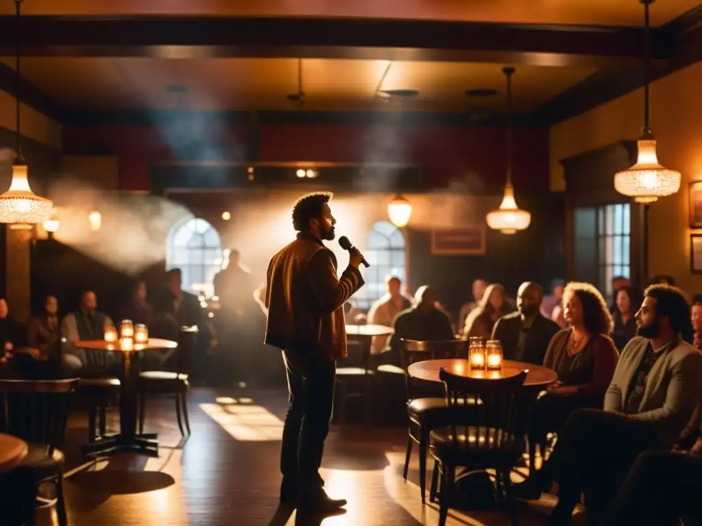 Bohemios bajo el hechizo de la poesía Escena bohemia en una cafetería humeante con figura recitando poesía en un escenario iluminado